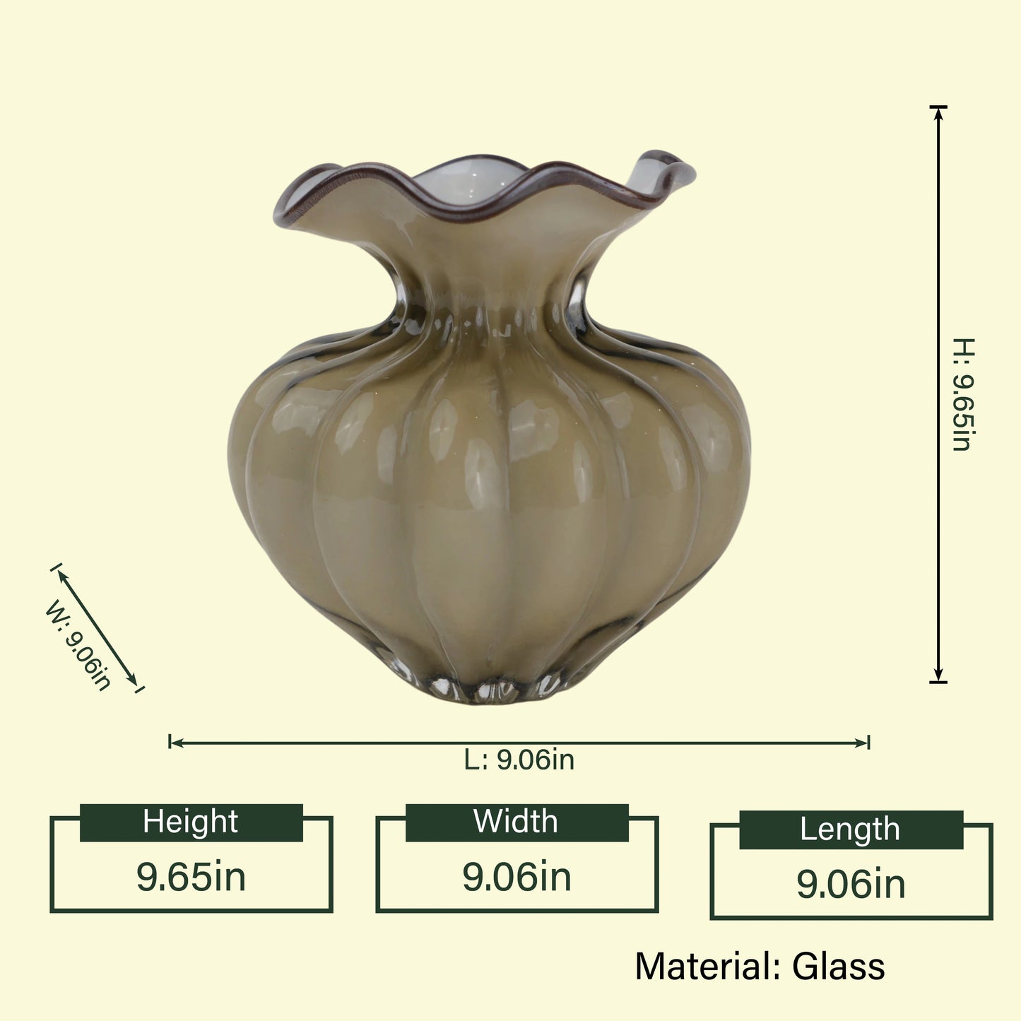 Luma Ripple olive vase, dimensions diagram