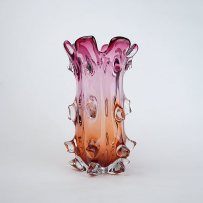 Pink and amber gradient glass vase with sculpted textured design for modern home decor