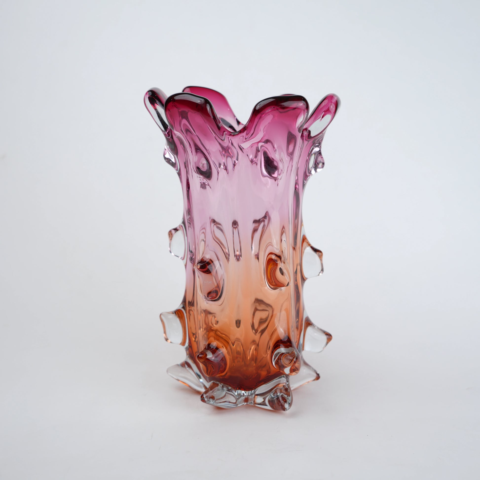 Pink and amber gradient glass vase with sculpted textured design for modern home decor