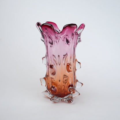 Pink and amber gradient glass vase with sculpted textured design for modern home decor