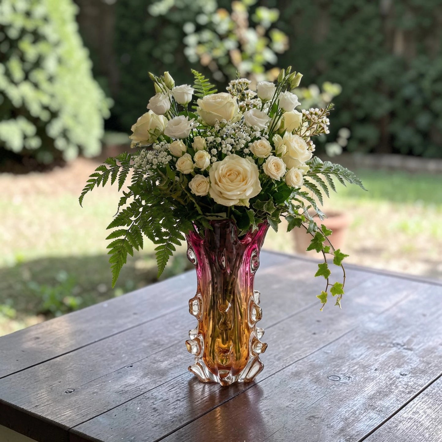 Pink and amber gradient glass vase with sculpted textured design for modern home decor