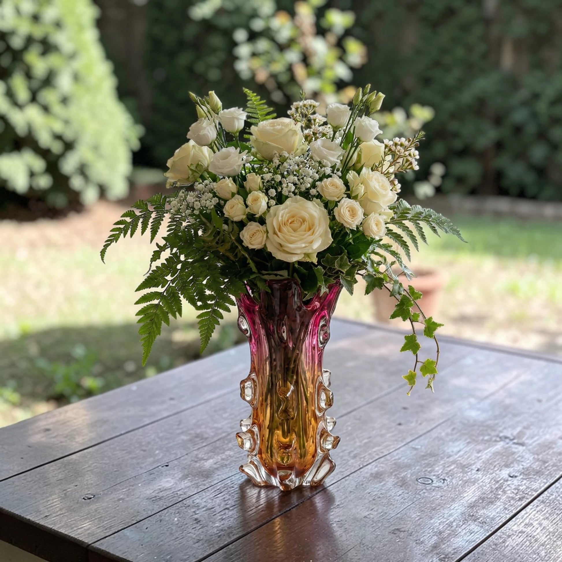 Pink and amber gradient glass vase with sculpted textured design for modern home decor