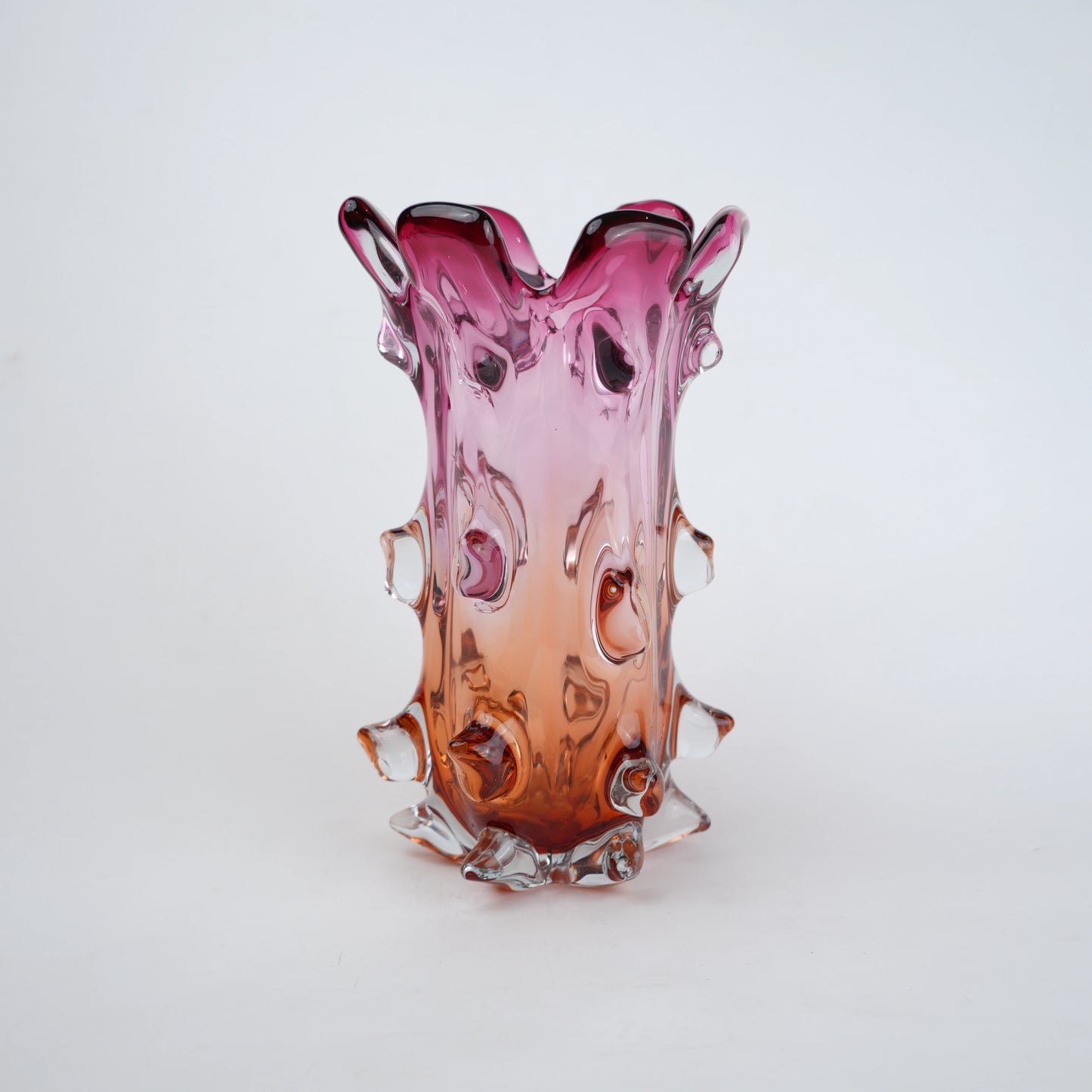 Pink and amber gradient glass vase with sculpted textured design for modern home decor
