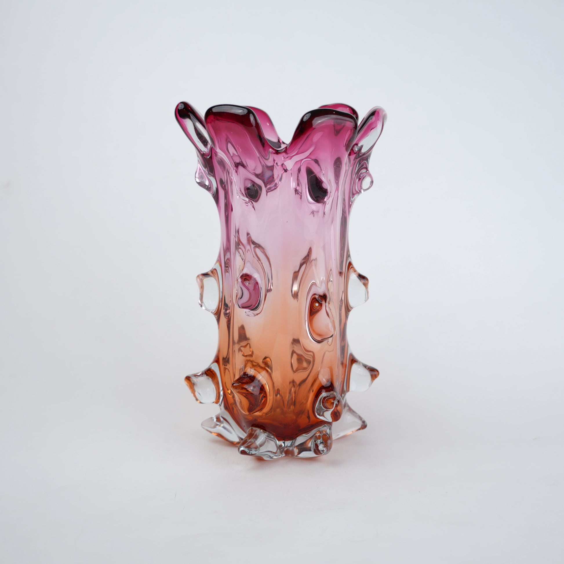 Pink and amber gradient glass vase with sculpted textured design for modern home decor
