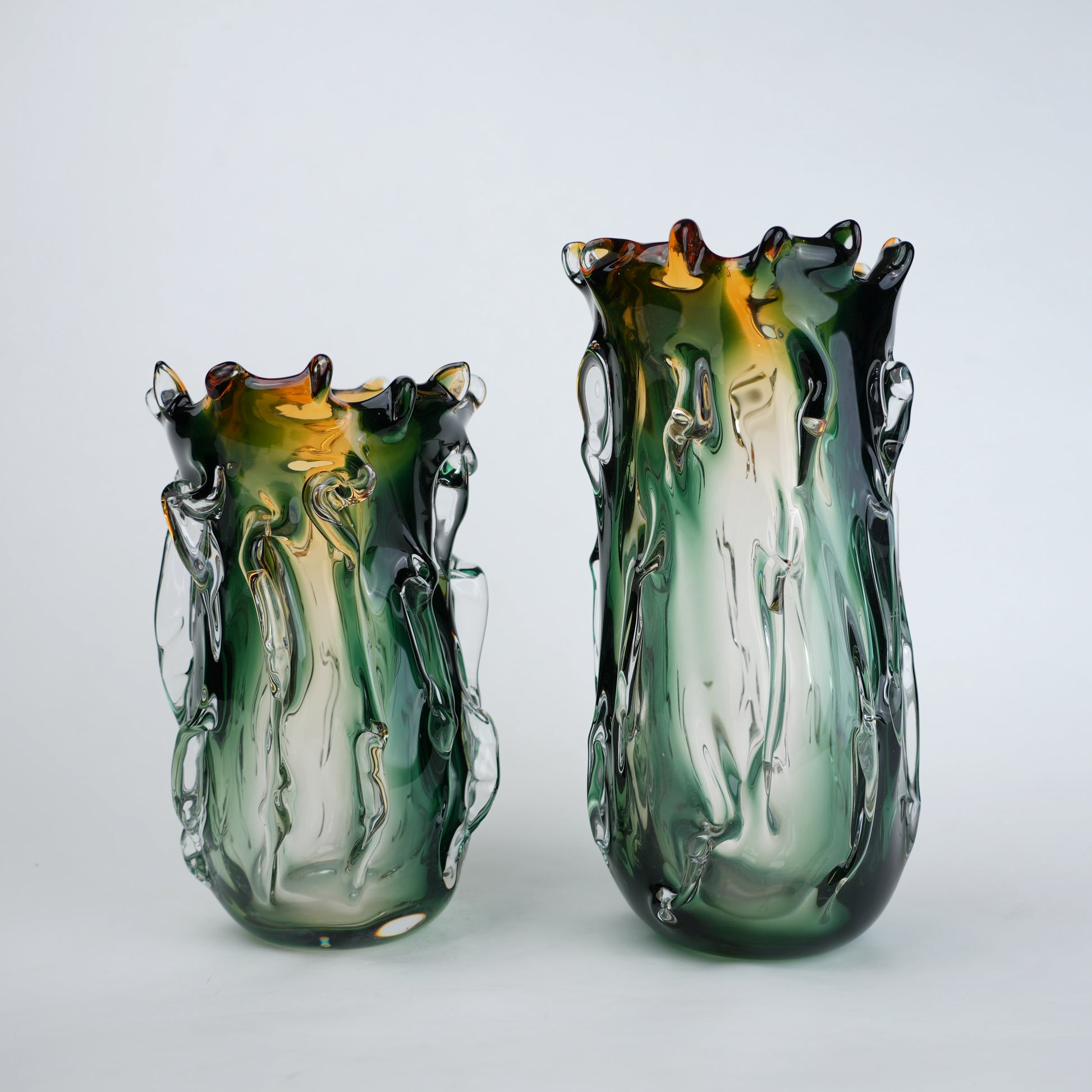 Green and amber gradient glass vase with sculpted organic design in small and big sizes
