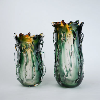 Green and amber gradient glass vase with sculpted organic design in small and big sizes