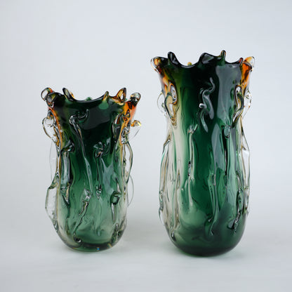 Green and amber gradient glass vase with sculpted organic design in small and big sizes