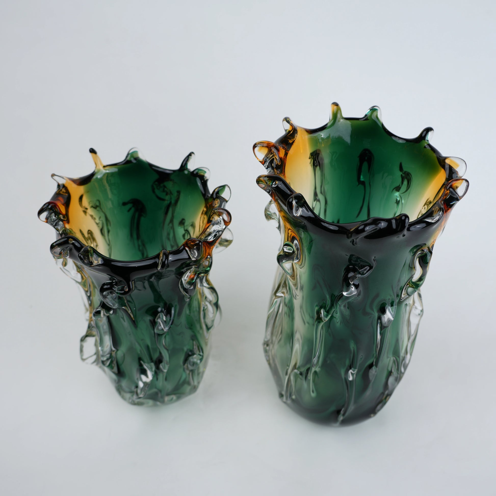 Green and amber gradient glass vase with sculpted organic design in small and big sizes