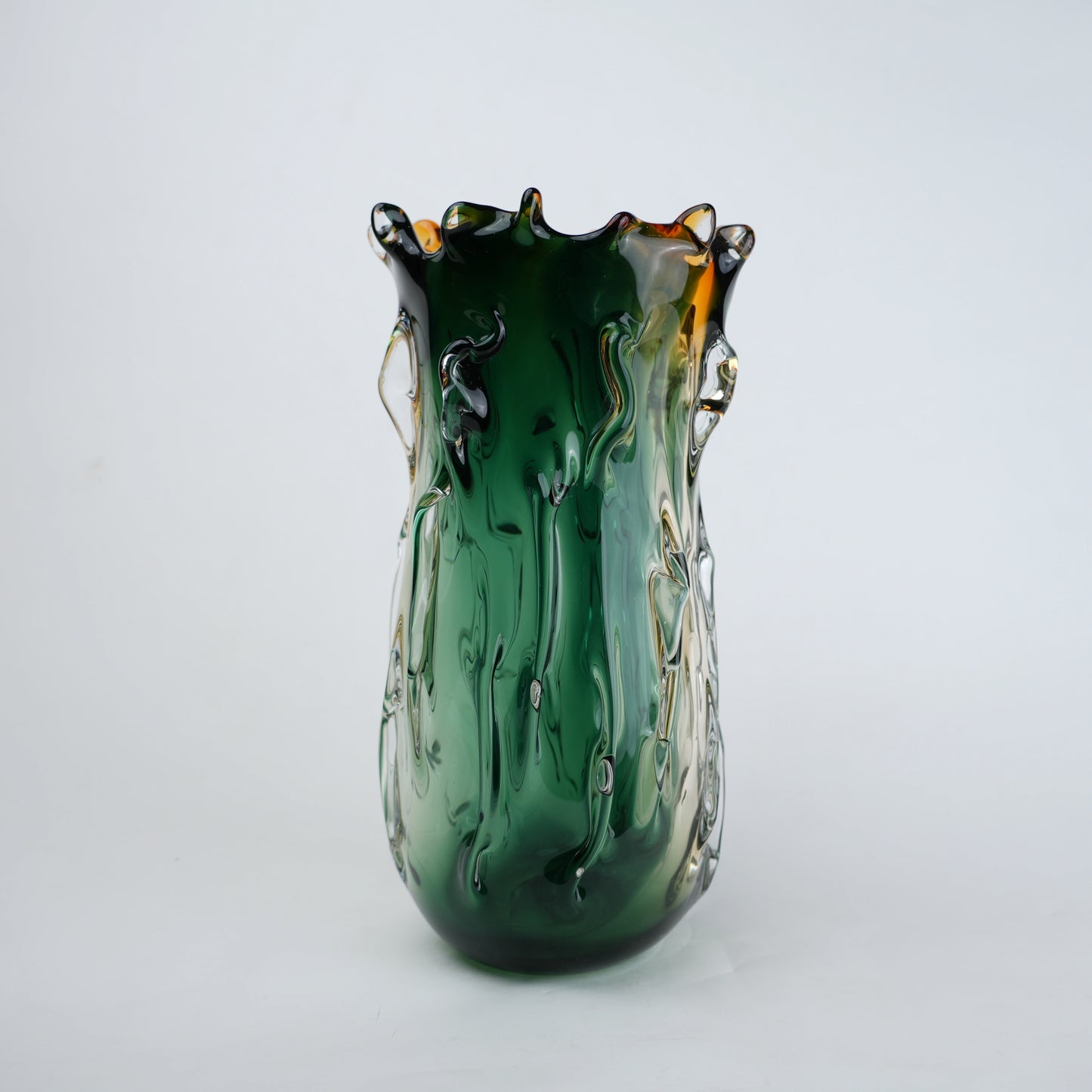 Green and amber gradient glass vase with sculpted organic design in small and big sizes
