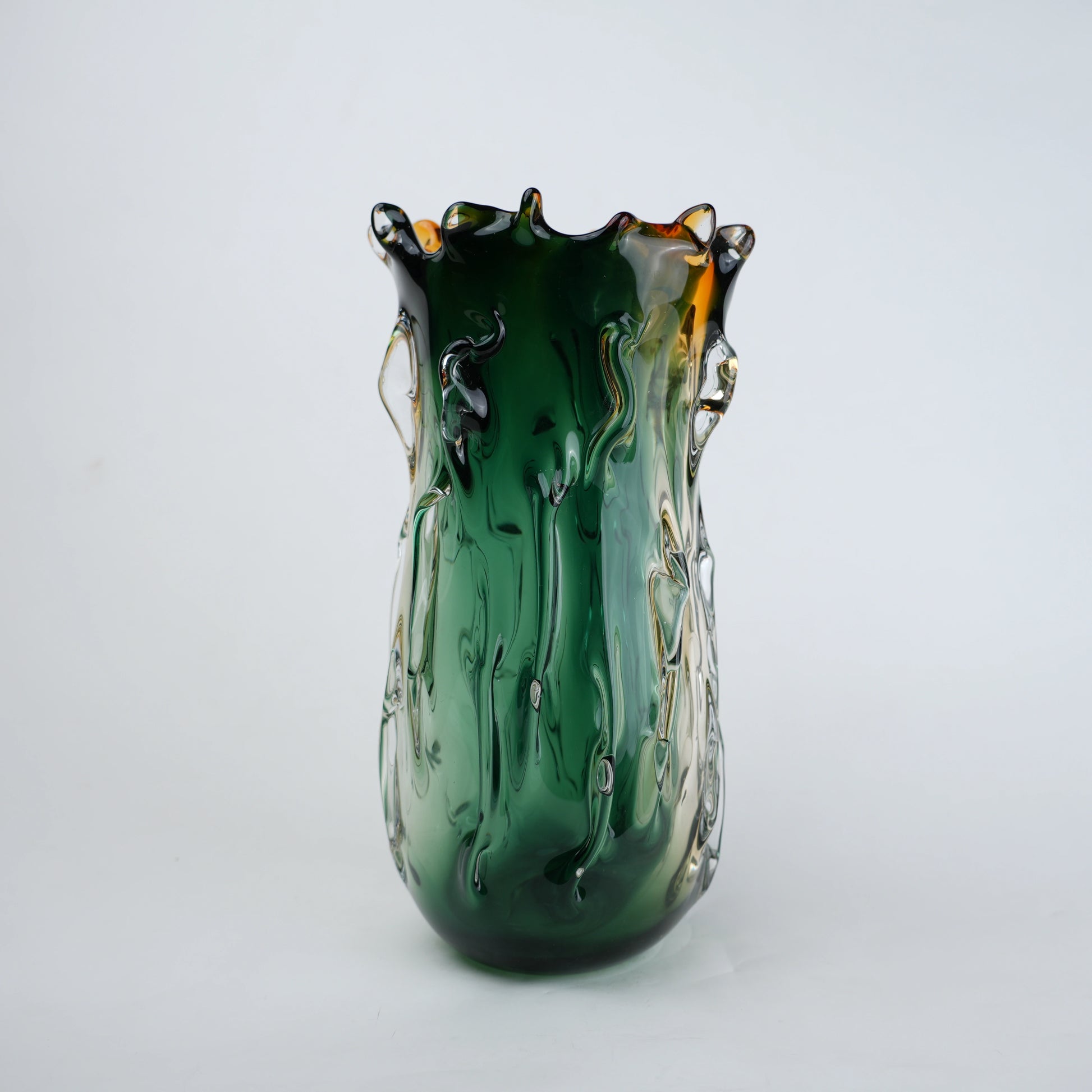Green and amber gradient glass vase with sculpted organic design in small and big sizes