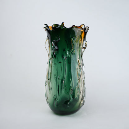 Green and amber gradient glass vase with sculpted organic design in small and big sizes