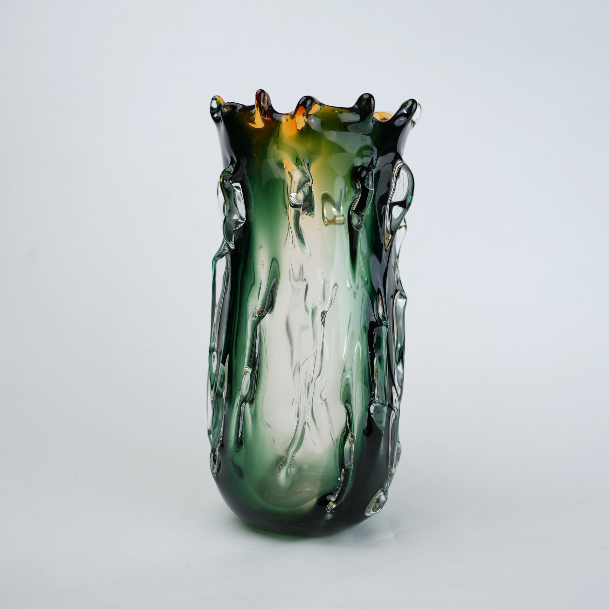 Green and amber gradient glass vase with sculpted organic design in small and big sizes