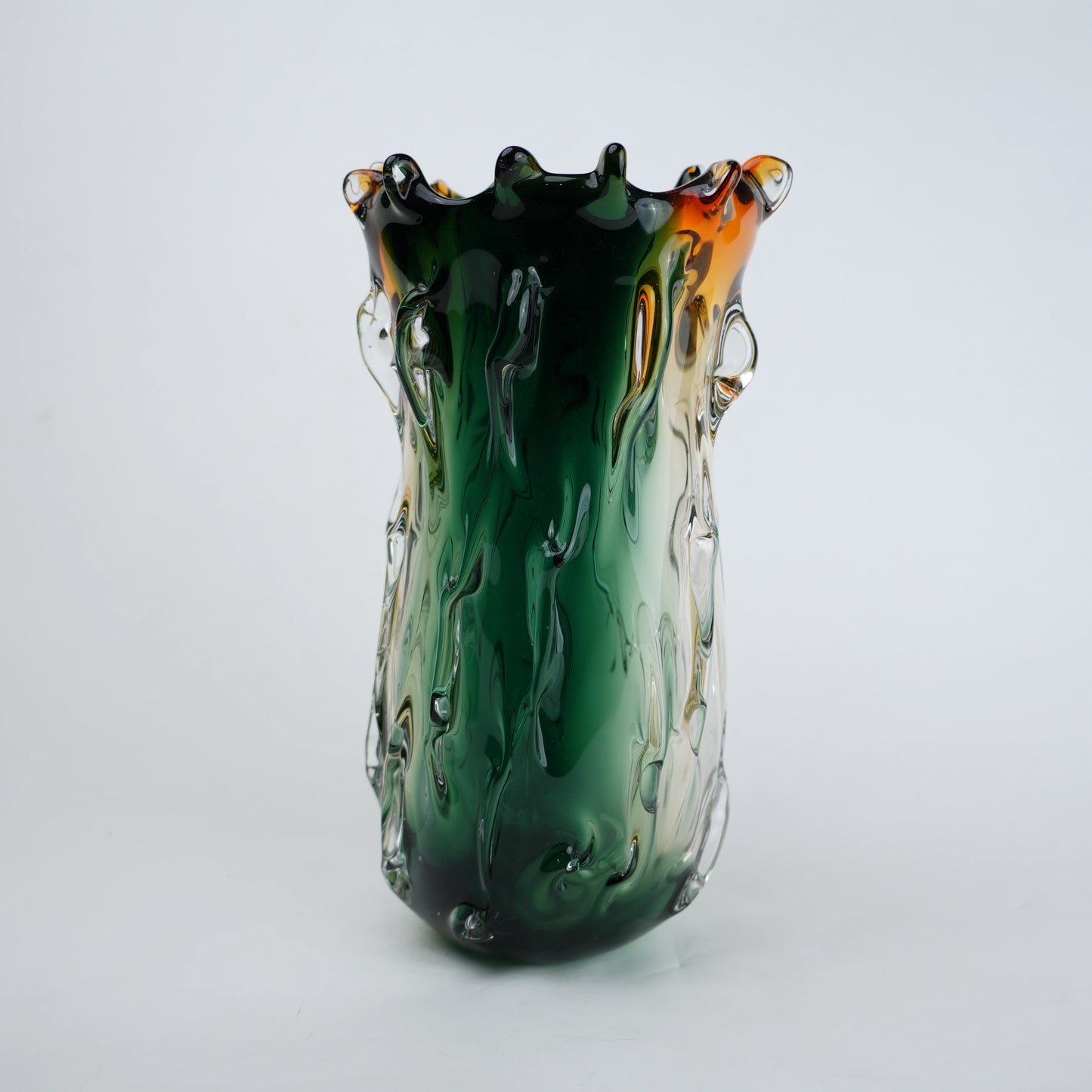 Green and amber gradient glass vase with sculpted organic design in small and big sizes
