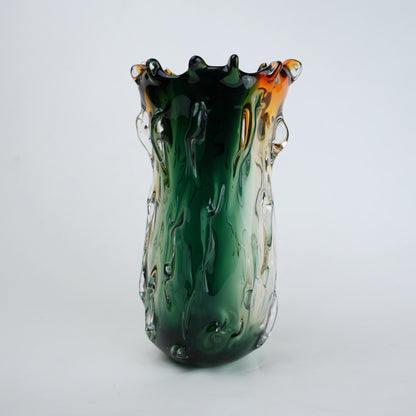 Green and amber gradient glass vase with sculpted organic design in small and big sizes