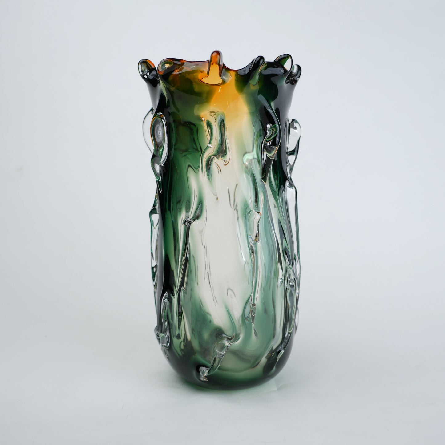 Green and amber gradient glass vase with sculpted organic design in small and big sizes