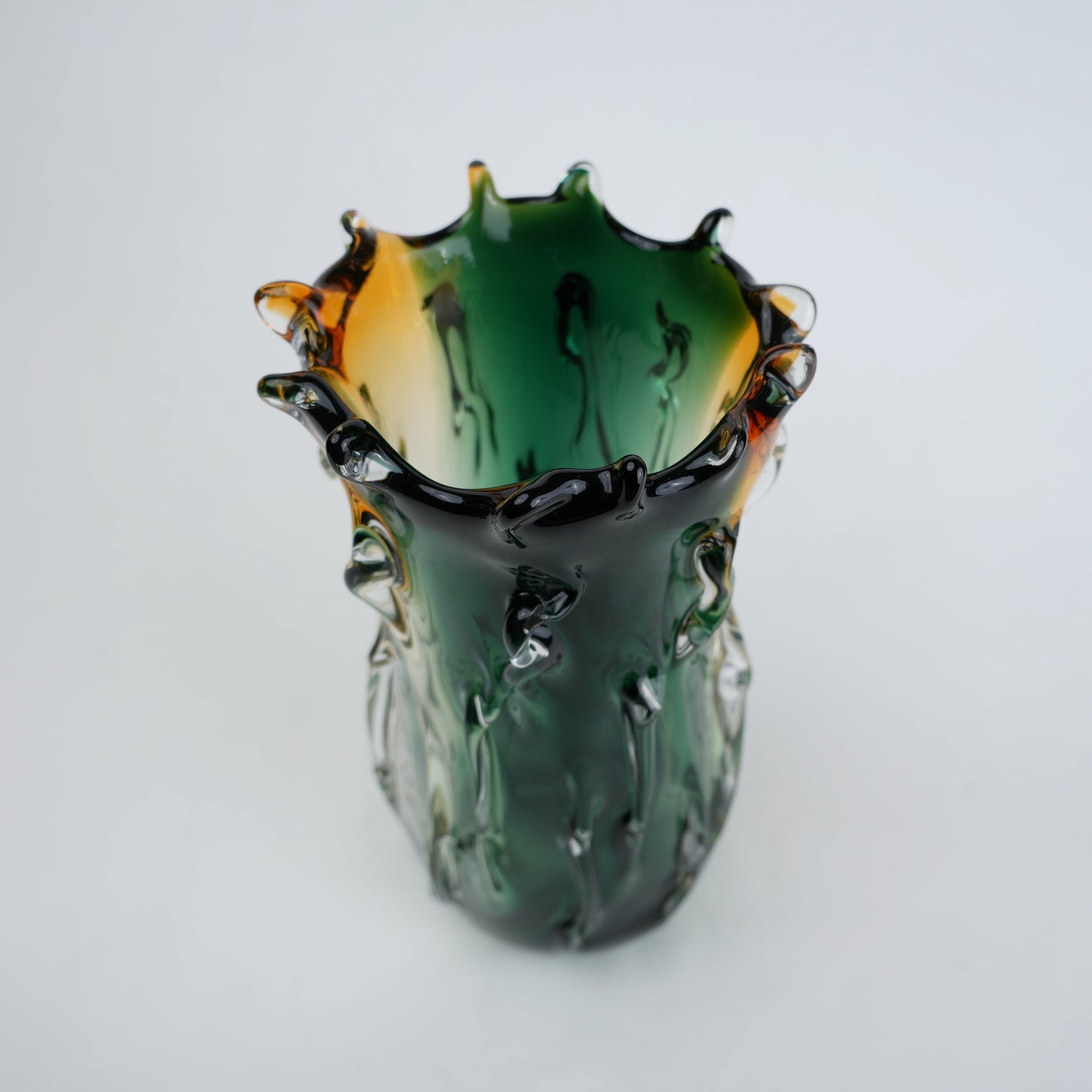 Green and amber gradient glass vase with sculpted organic design in small and big sizes