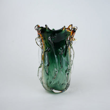 Green and amber gradient glass vase with sculpted organic design in small and big sizes