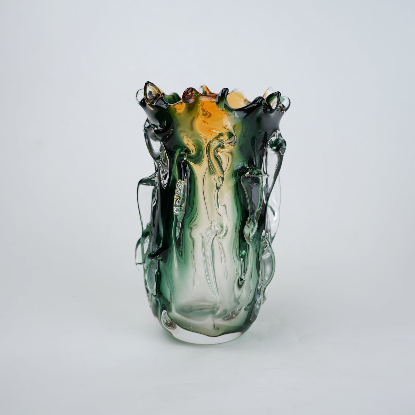 Green and amber gradient glass vase with sculpted organic design in small and big sizes