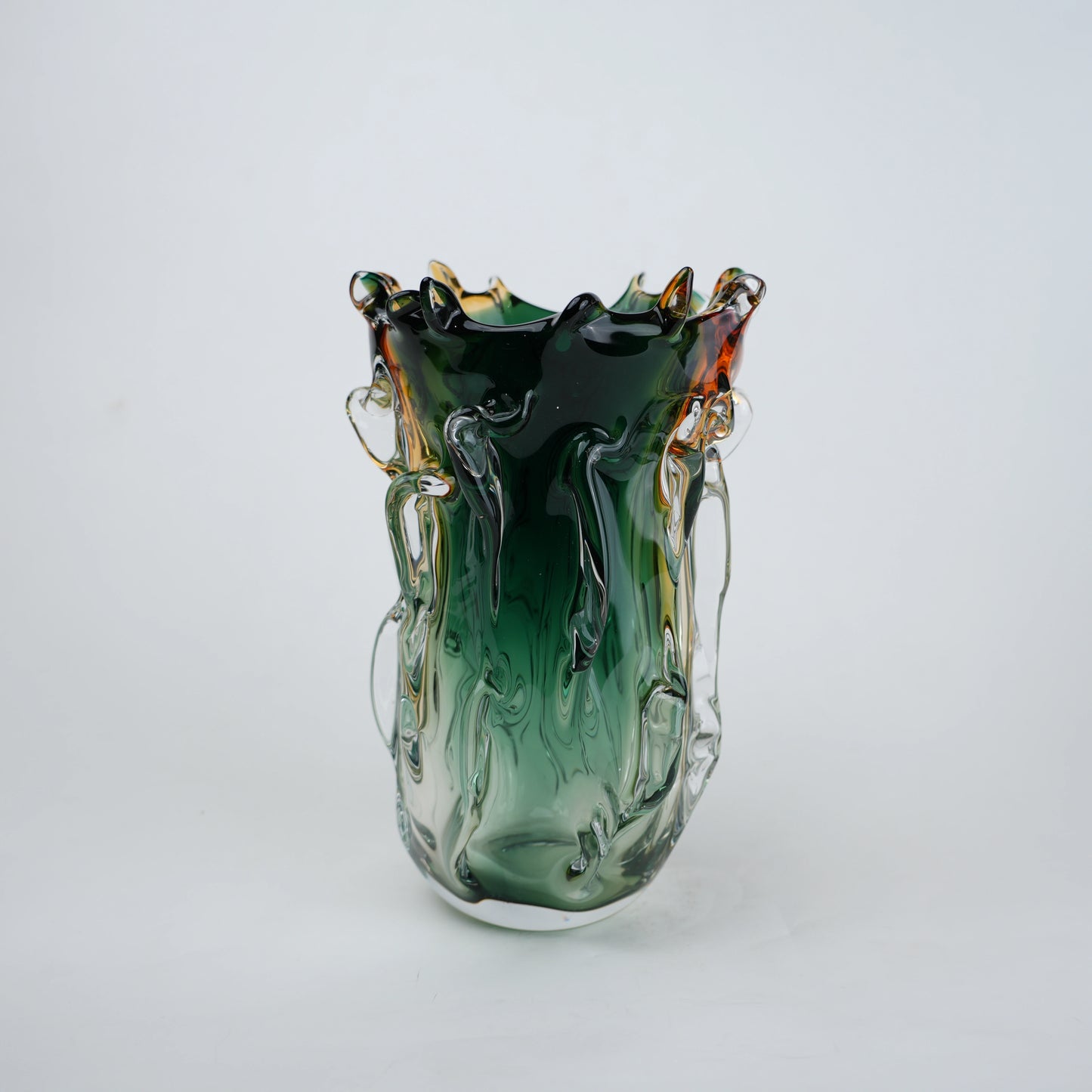 Green and amber gradient glass vase with sculpted organic design in small and big sizes