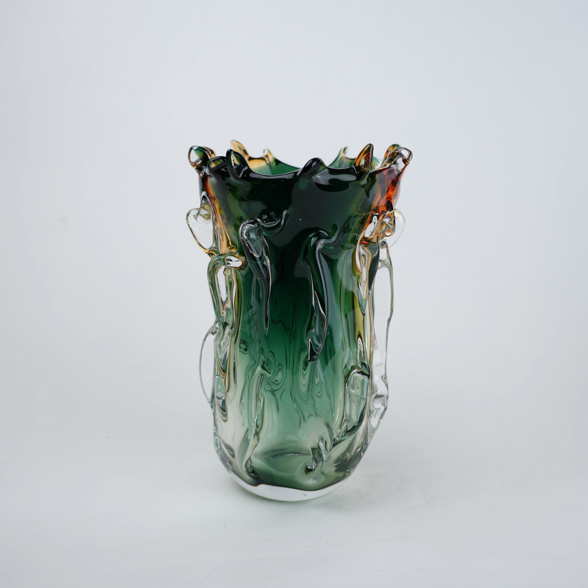 Green and amber gradient glass vase with sculpted organic design in small and big sizes