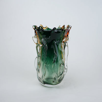 Green and amber gradient glass vase with sculpted organic design in small and big sizes