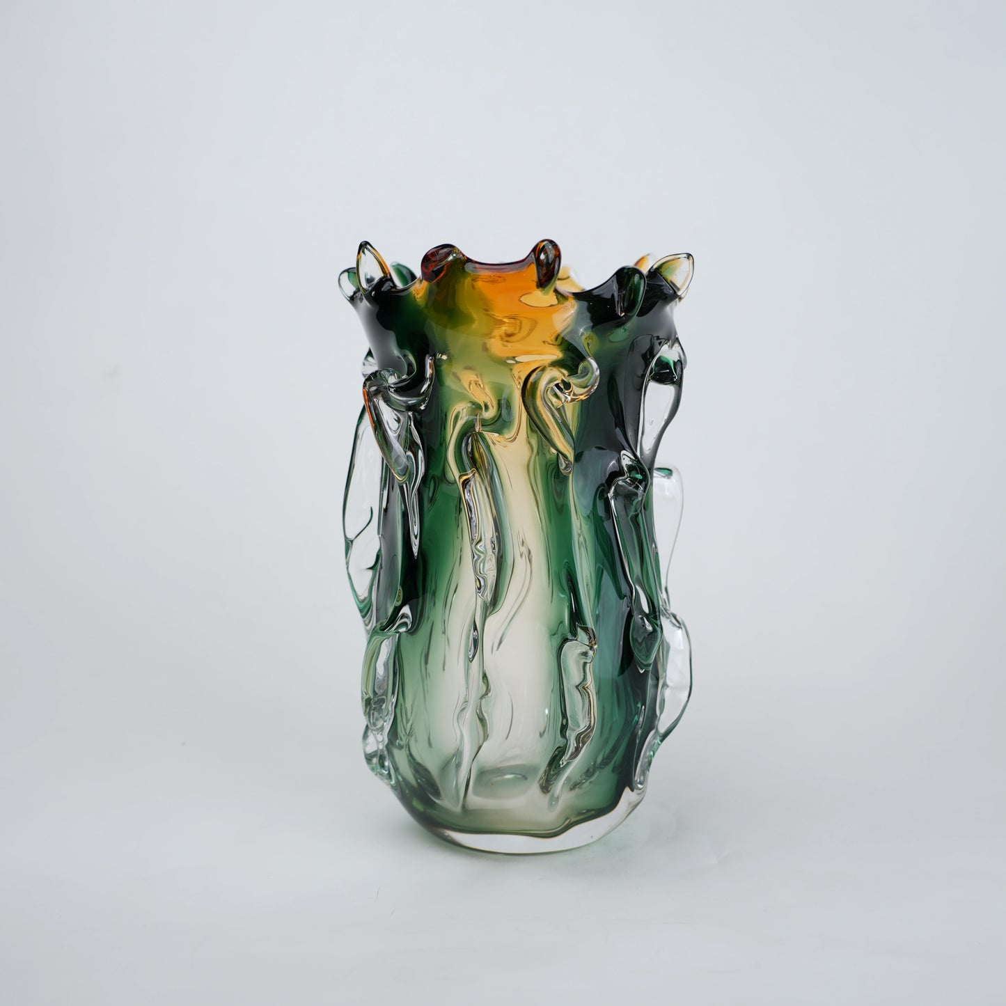 Green and amber gradient glass vase with sculpted organic design in small and big sizes