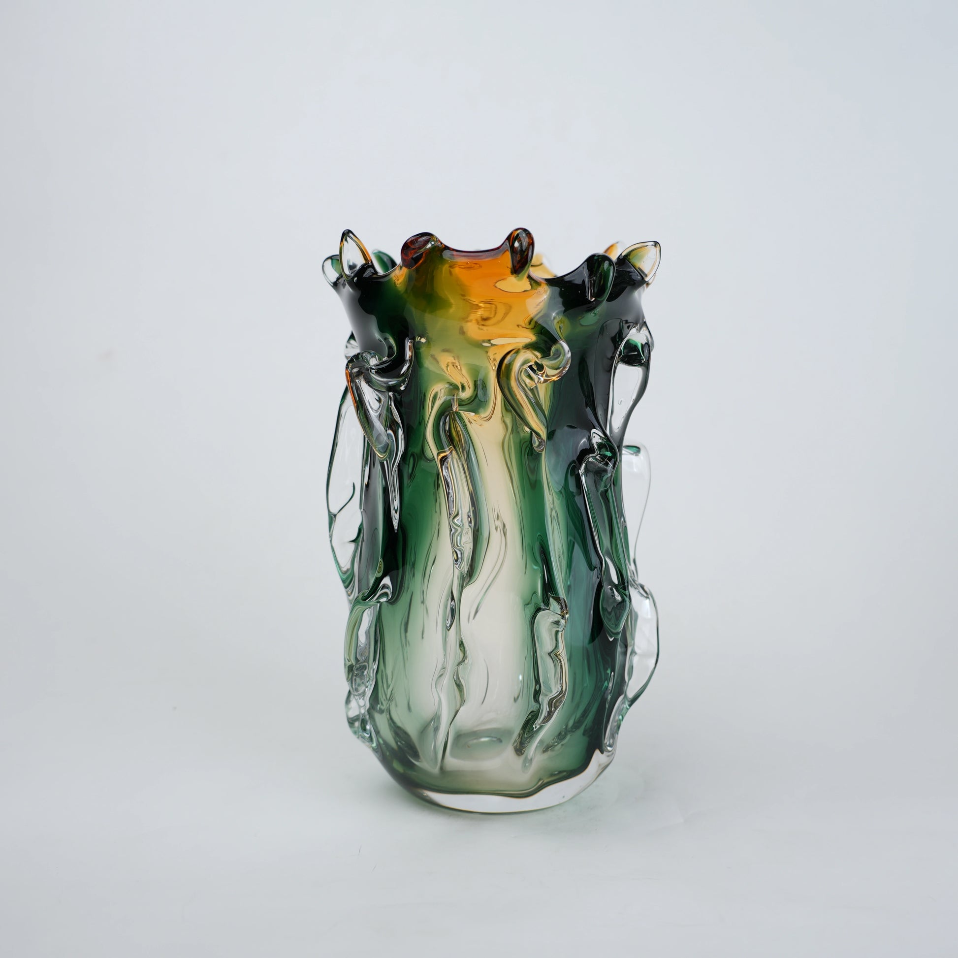 Green and amber gradient glass vase with sculpted organic design in small and big sizes