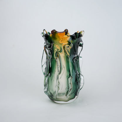 Green and amber gradient glass vase with sculpted organic design in small and big sizes