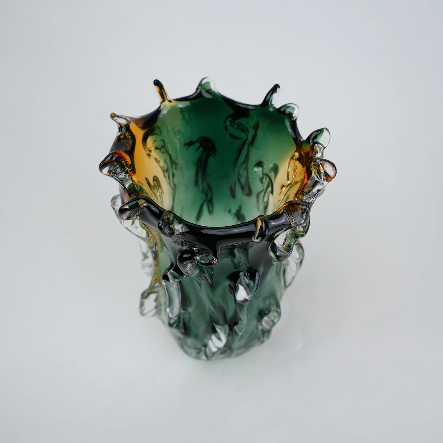 Green and amber gradient glass vase with sculpted organic design in small and big sizes