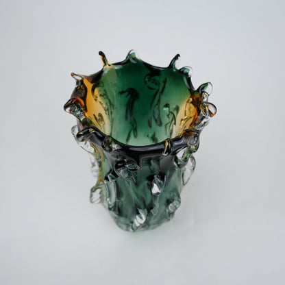 Green and amber gradient glass vase with sculpted organic design in small and big sizes