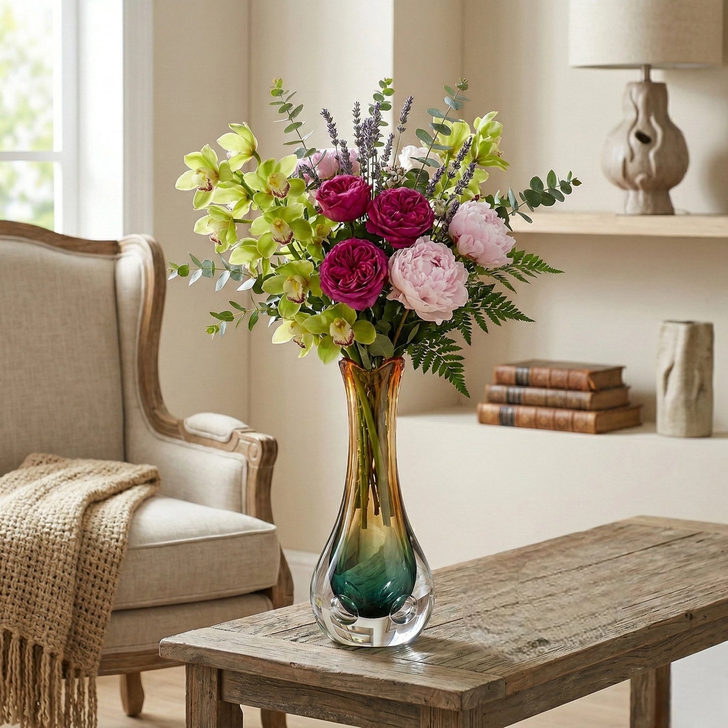 Bouquet of flowers in a vase on a wooden table in a living room setting.