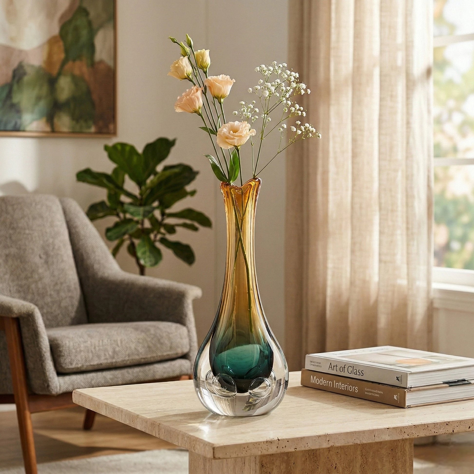 Glass vase with flowers on a coffee table in a living room setting
