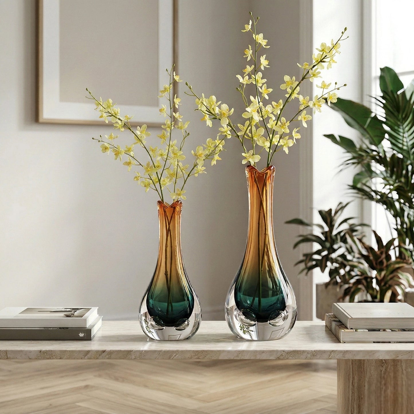 Two decorative vases with yellow flowers on a wooden surface.