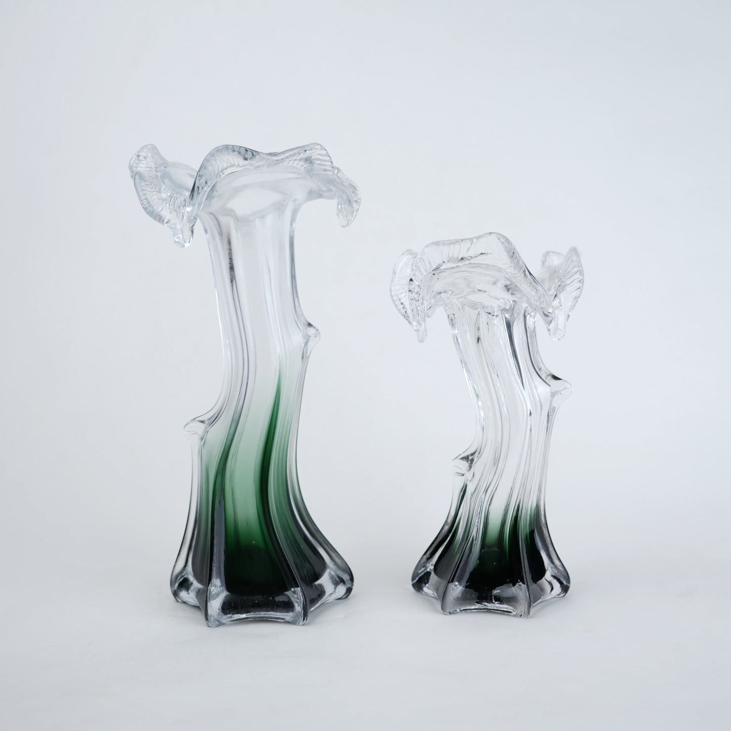 Clear glass vase with green gradient base and sculpted flowing design in small and big sizes