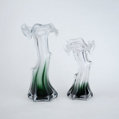 Clear glass vase with green gradient base and sculpted flowing design in small and big sizes