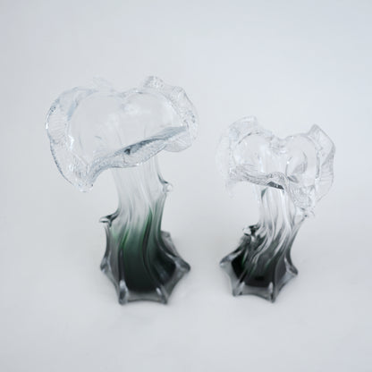 Clear glass vase with green gradient base and sculpted flowing design in small and big sizes