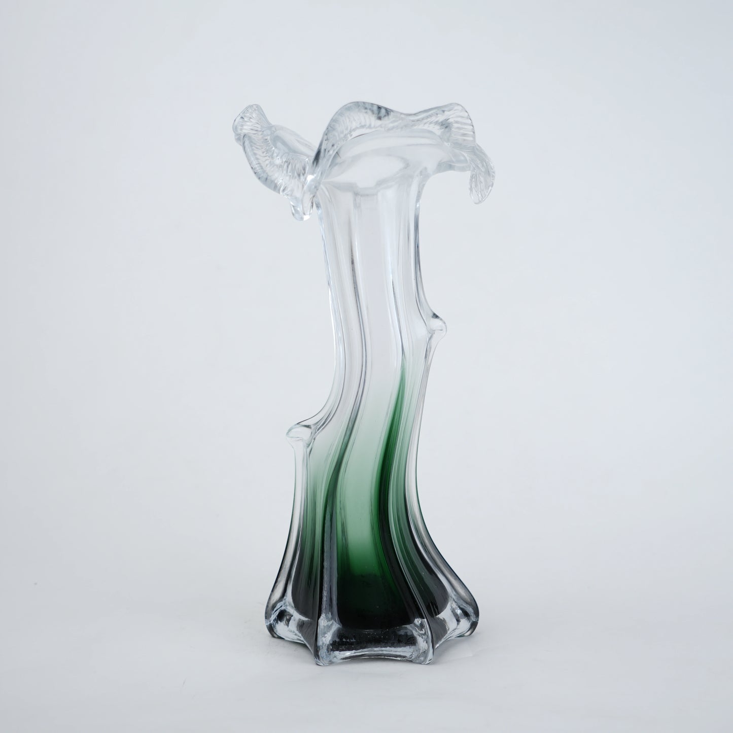 Clear glass vase with green gradient base and sculpted flowing design in small and big sizes