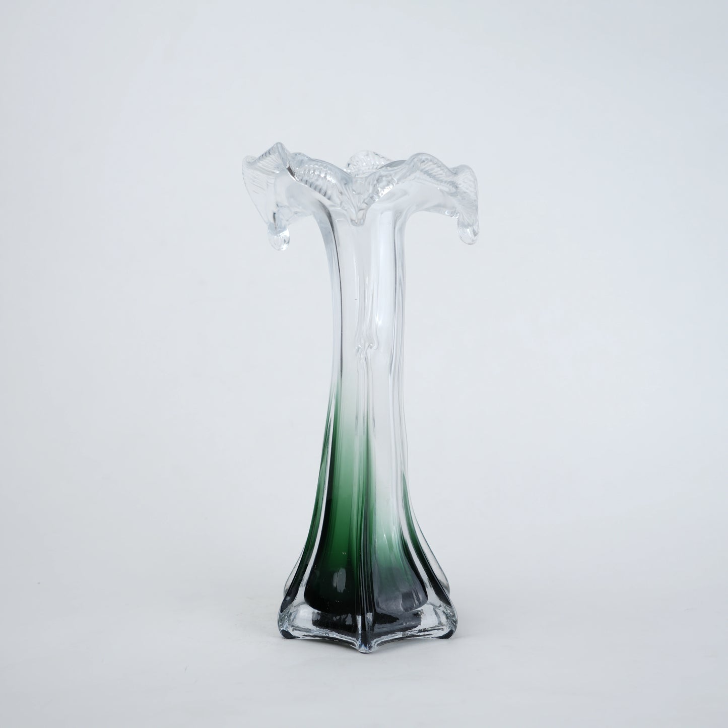 Clear glass vase with green gradient base and sculpted flowing design in small and big sizes