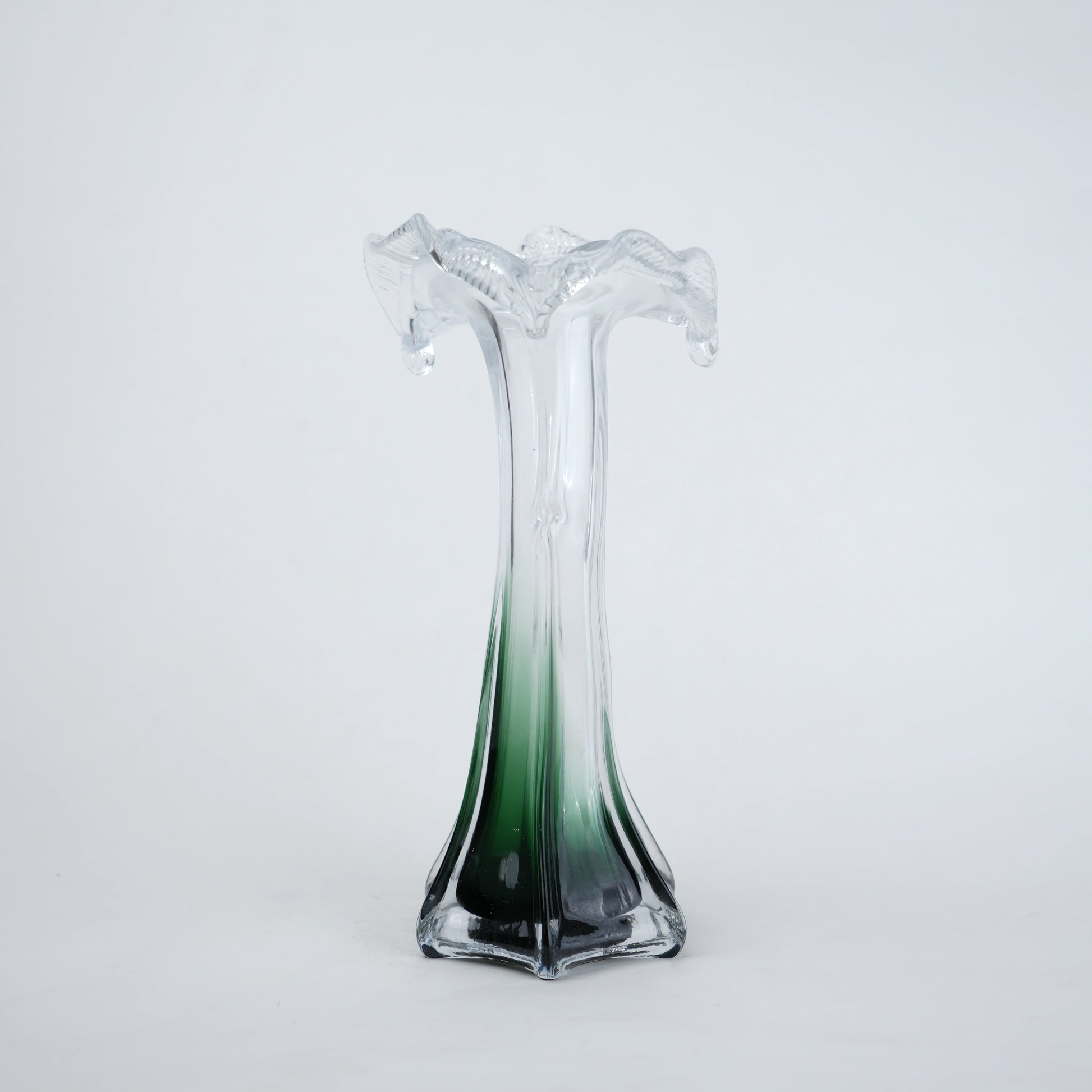 Clear glass vase with green gradient base and sculpted flowing design in small and big sizes