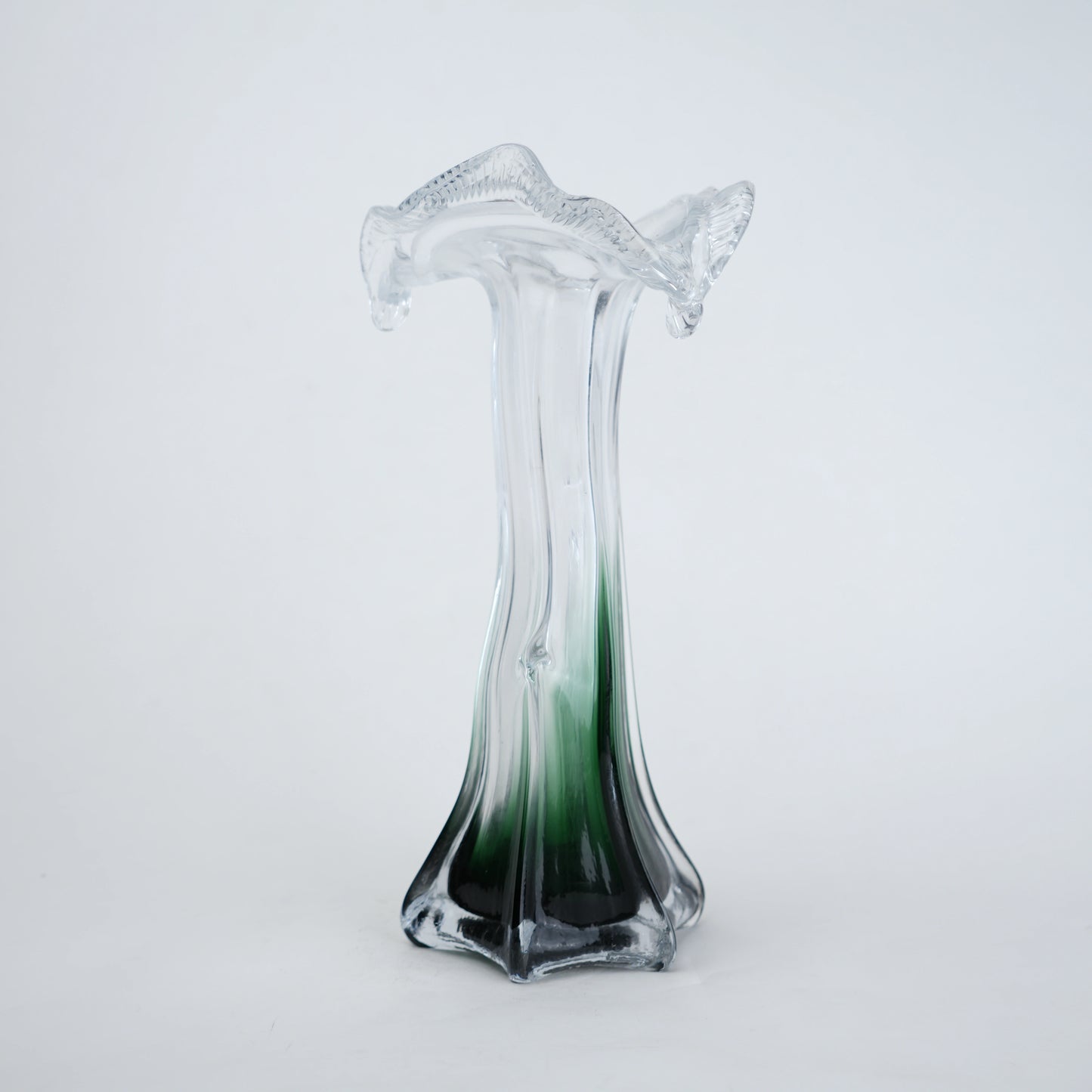 Clear glass vase with green gradient base and sculpted flowing design in small and big sizes