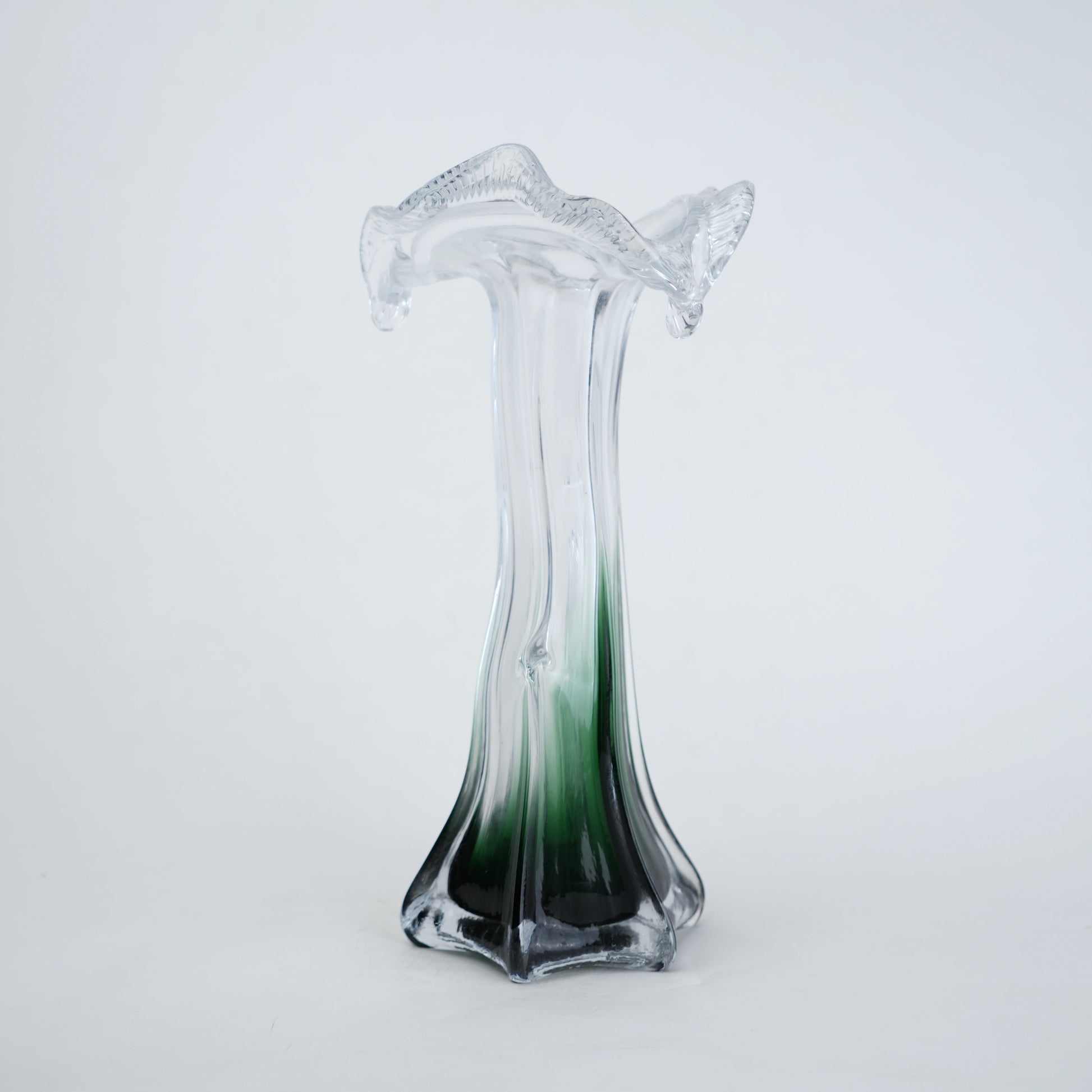 Clear glass vase with green gradient base and sculpted flowing design in small and big sizes
