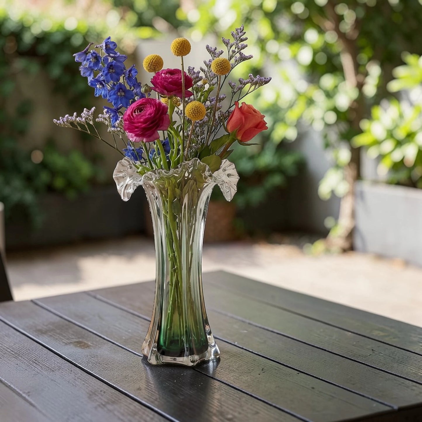 Clear glass vase with green gradient base and sculpted flowing design in small and big sizes