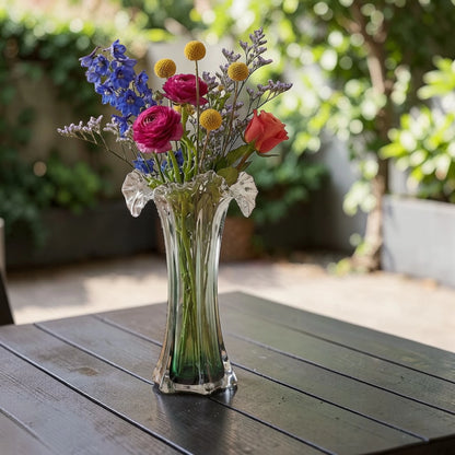 Clear glass vase with green gradient base and sculpted flowing design in small and big sizes