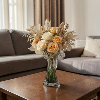 Clear glass vase with green gradient base and sculpted flowing design in small and big sizes