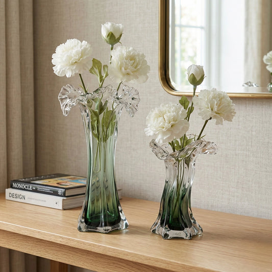 Clear glass vase with green gradient base and sculpted flowing design in small and big sizes