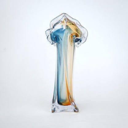Dual tone blue and amber art glass vase with sculpted rim available in tall and small sizes
