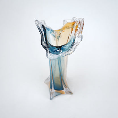 Dual tone blue and amber art glass vase with sculpted rim available in tall and small sizes