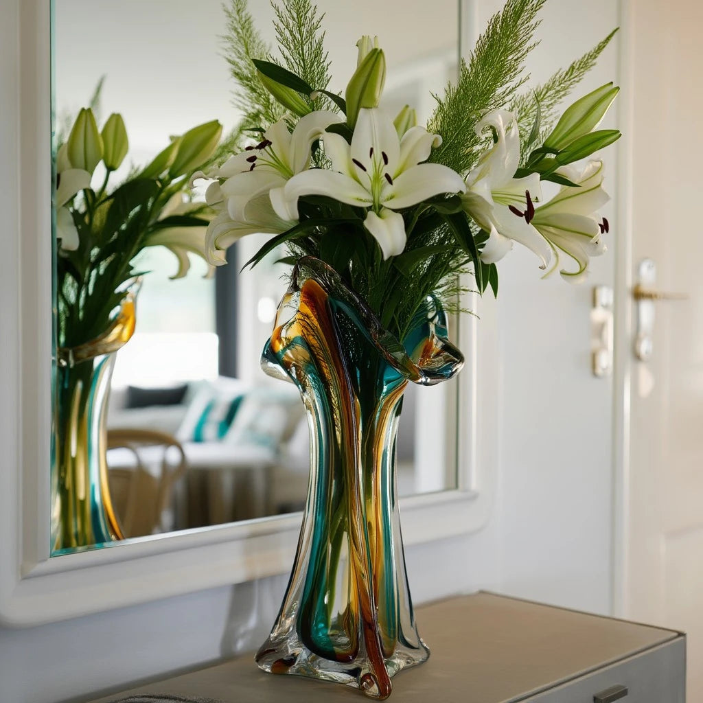 Dual tone blue and amber art glass vase with sculpted rim available in tall and small sizes