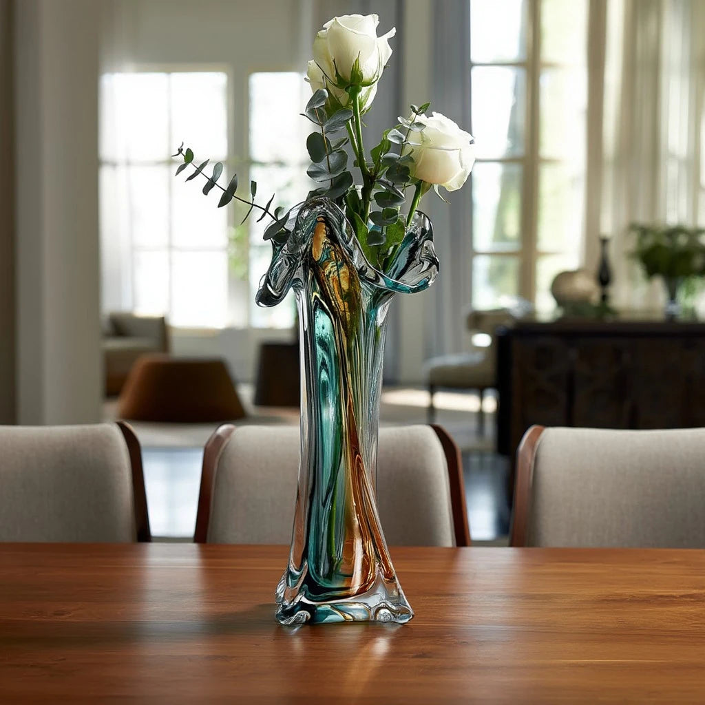 Dual tone blue and amber art glass vase with sculpted rim available in tall and small sizes