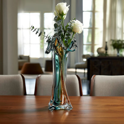 Dual tone blue and amber art glass vase with sculpted rim available in tall and small sizes